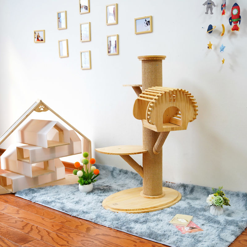 Tırmanma Direkleri ile 123cm Büyük Masif Ahşap Kedi Tırmanma Ağacı Kedi Etkinlik Kulesi