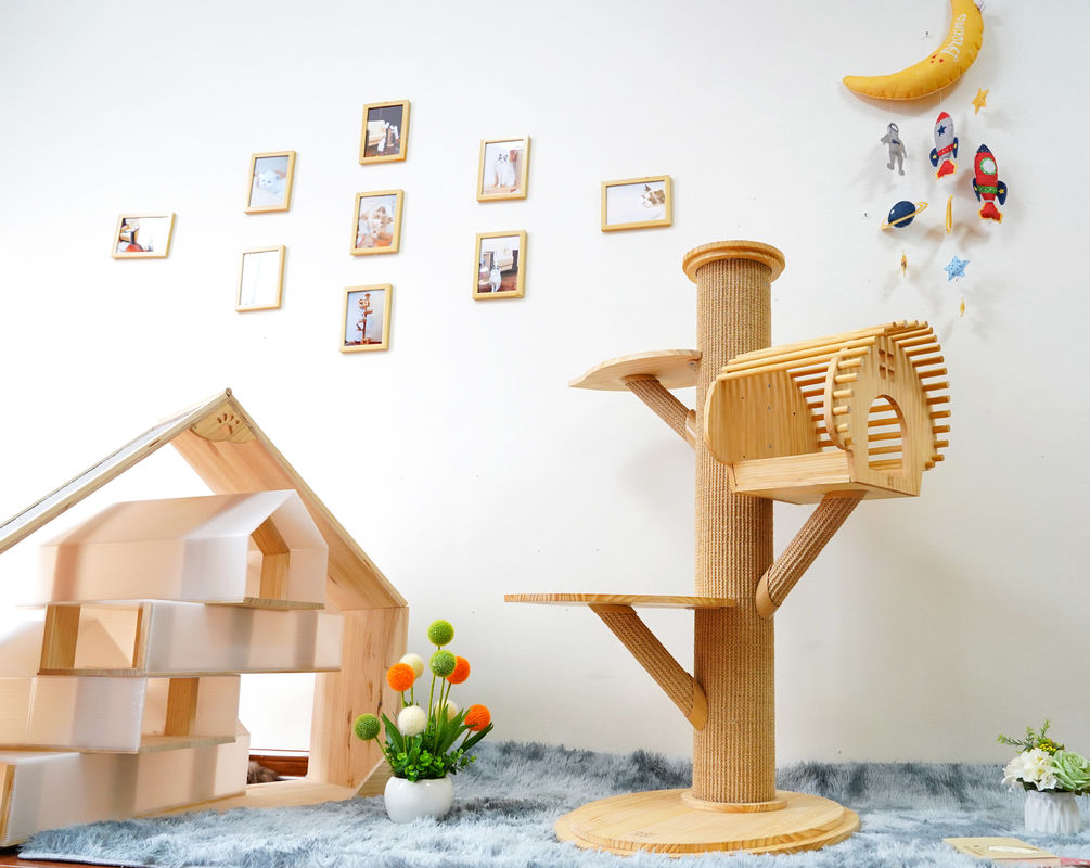 Tırmanma Direkleri ile 123cm Büyük Masif Ahşap Kedi Tırmanma Ağacı Kedi Etkinlik Kulesi