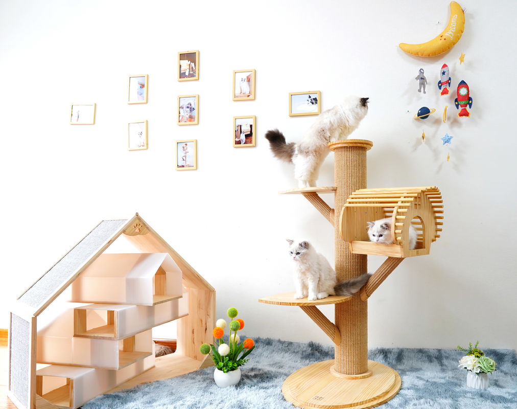 Tırmanma Direkleri ile 123cm Büyük Masif Ahşap Kedi Tırmanma Ağacı Kedi Etkinlik Kulesi