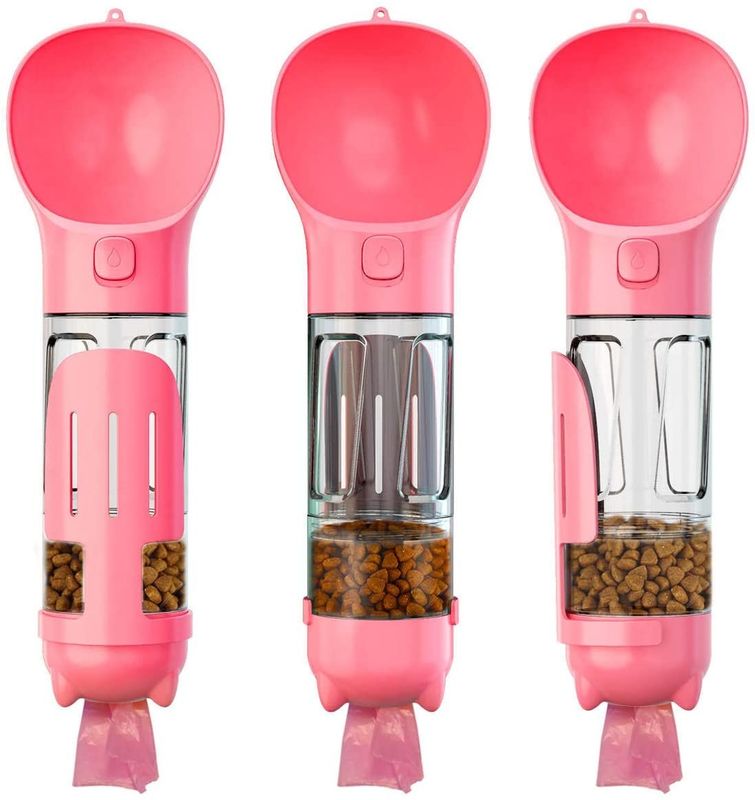 Gıda Konteyner ve Atık Torbası ile 4 In1 Taşınabilir Sızdırmaz Pembe Köpek Su Şişesi