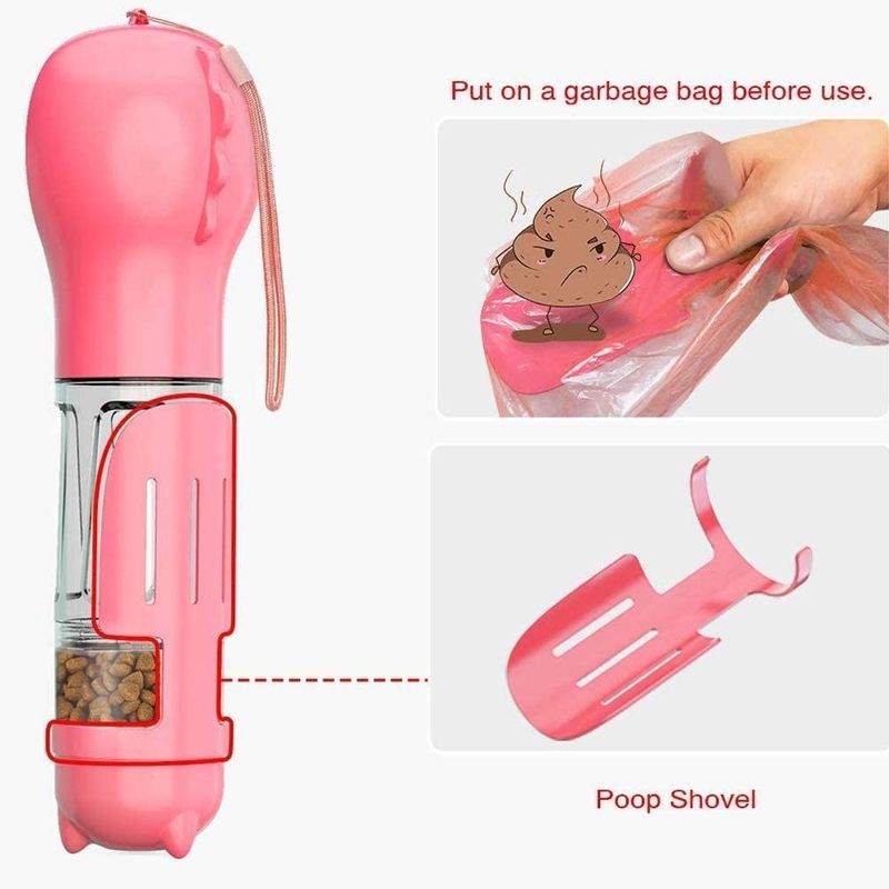 Gıda Konteyner ve Atık Torbası ile 4 In1 Taşınabilir Sızdırmaz Pembe Köpek Su Şişesi