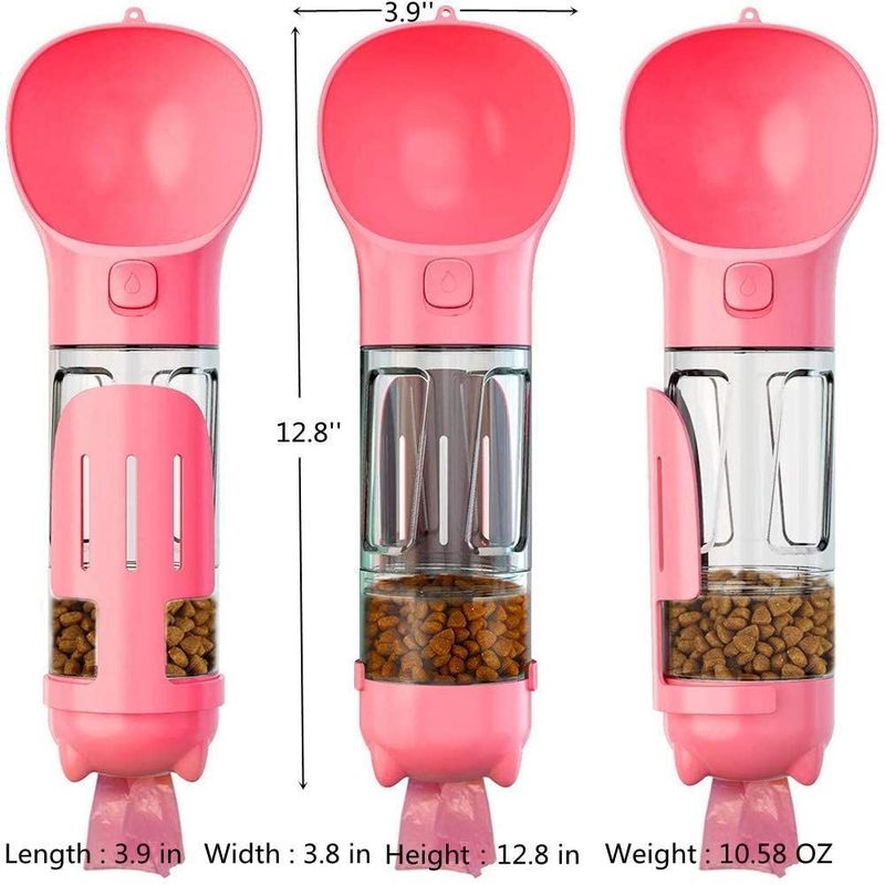 Gıda Konteyner ve Atık Torbası ile 4 In1 Taşınabilir Sızdırmaz Pembe Köpek Su Şişesi