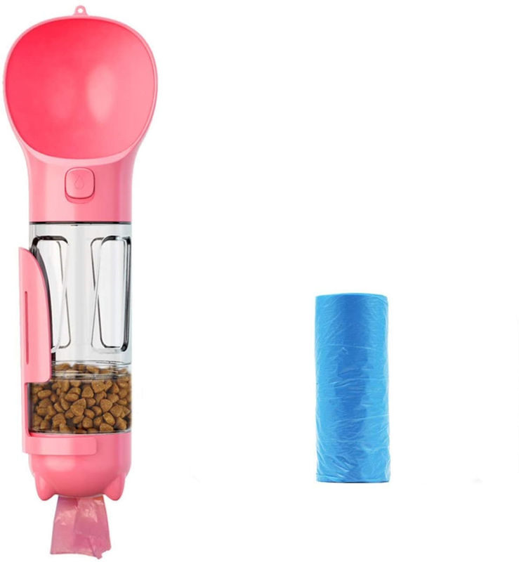 Gıda Konteyner ve Atık Torbası ile 4 In1 Taşınabilir Sızdırmaz Pembe Köpek Su Şişesi